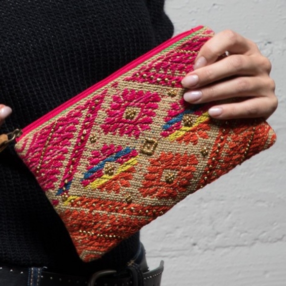 Handmade Hand Beaded Wristlet Clutch - Ethnic Inspired Design - Dyed Fine Cotton - Picture 1 of 7